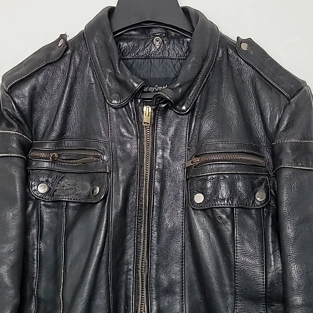 Vintage Harley Davidson Quilted Lined Cowhide Motorcycle Jacket Size 46 Tall